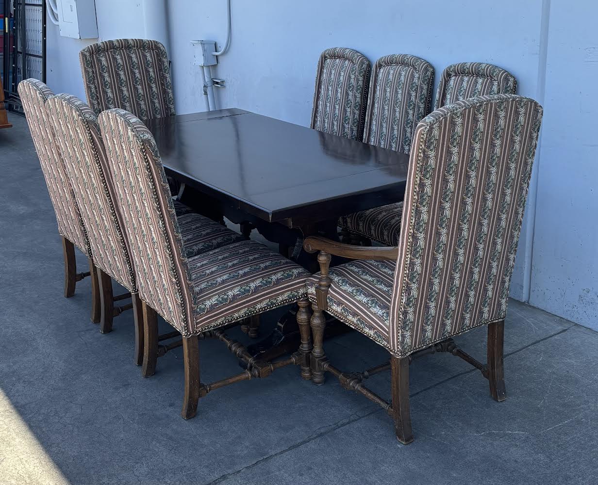Dining table dark wood with drop sides and 8 chair set