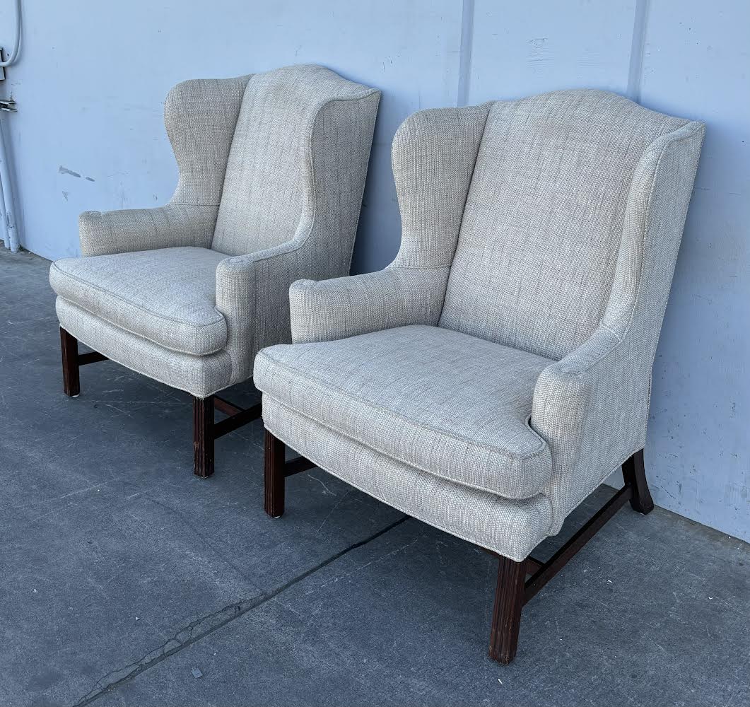 Pair Wing Chairs with High Exposed Wood Leg