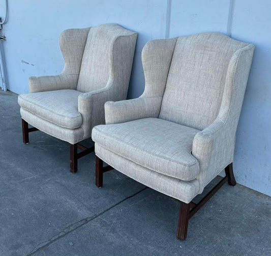 Pair Wing Chairs with High Exposed Wood Leg