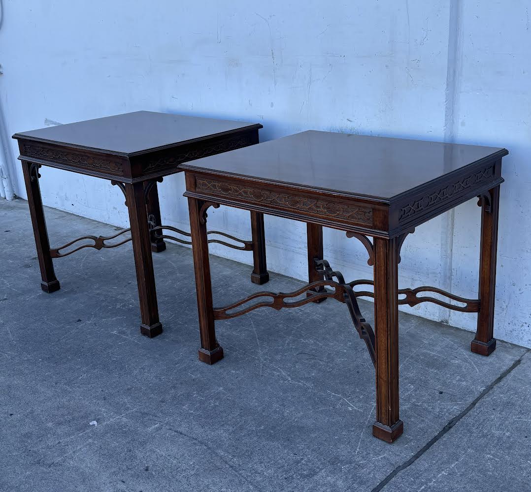 1980s Drexel Heritage Chippendale Walnut Accent Table W/ Fretwork and Banded Top