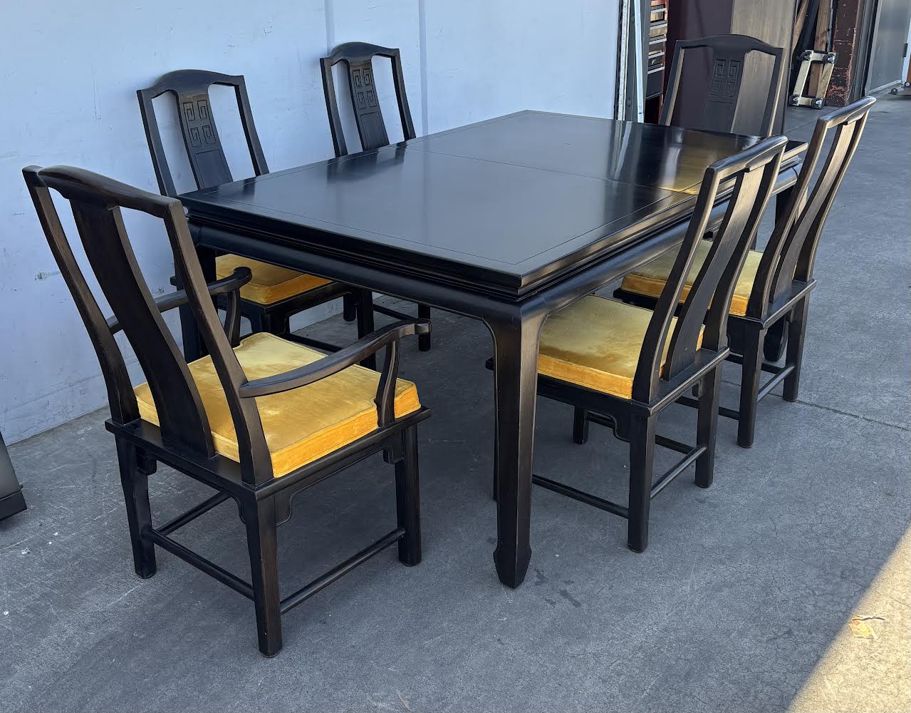 Vintage Asian Modern Black Mid Century Style Lacquer Dining Table with 6 Chairs Yellow Cushions