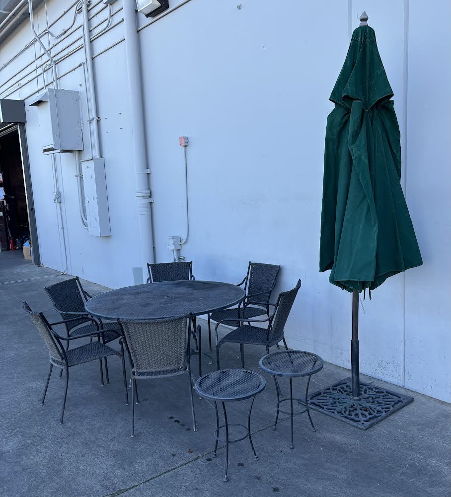 Black Metal Outdoor Round Table With 6 Chairs 2 Small Tables and 1 umbrella