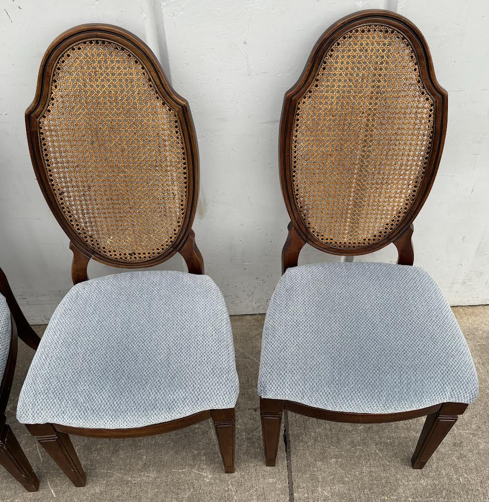 4 Matching Drexel Heritage Walnut & Cane French Provincial Louis XVI Dining Side Chairs Blue