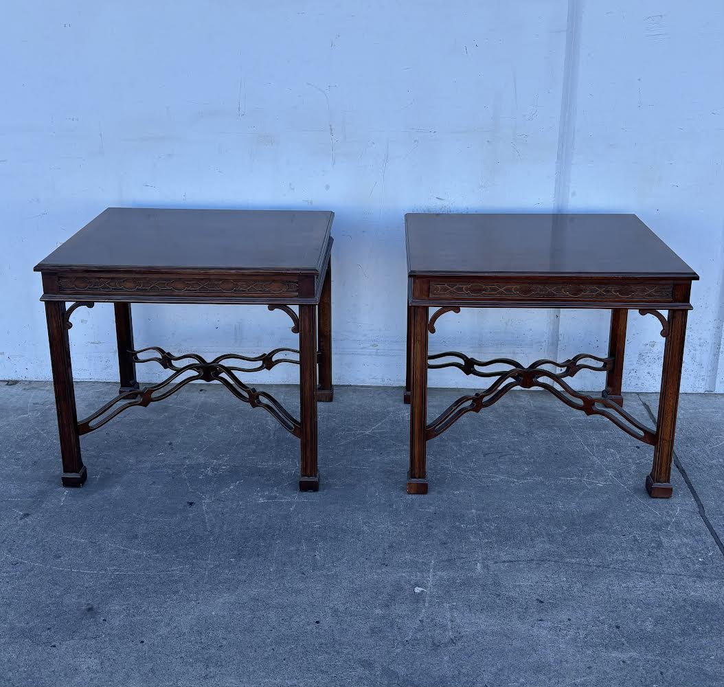 1980s Drexel Heritage Chippendale Walnut Accent Table W/ Fretwork and Banded Top