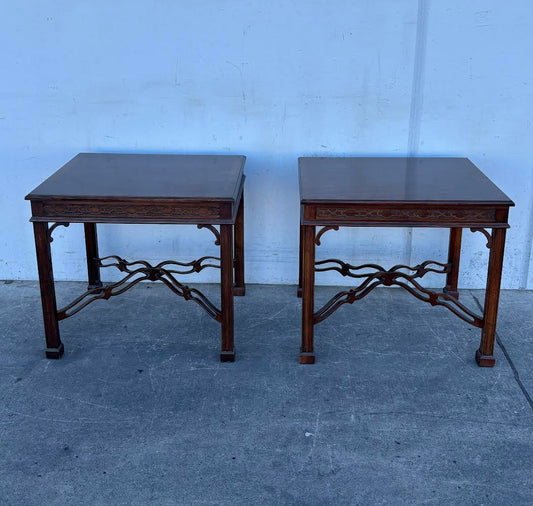 1980s Drexel Heritage Chippendale Walnut Accent Table W/ Fretwork and Banded Top