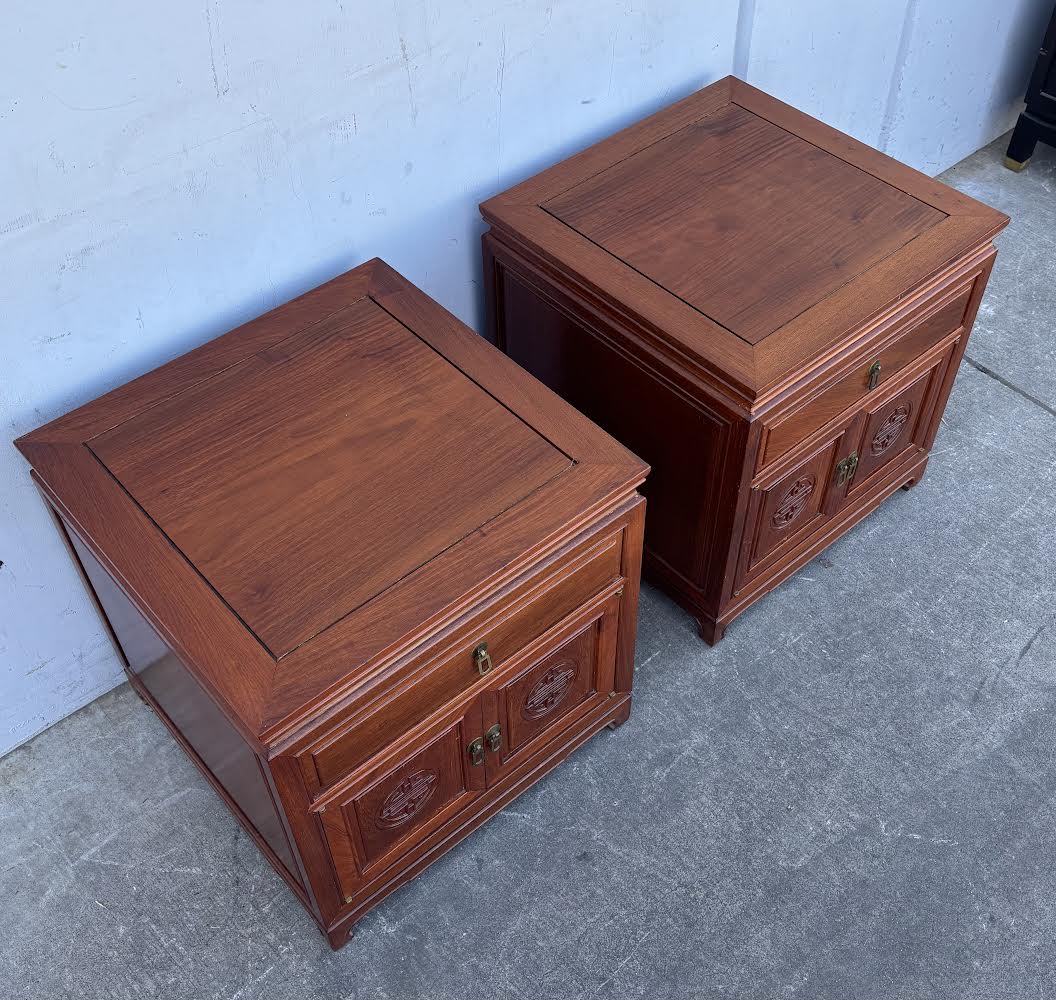 Mid 20th Century Pair Asian Rosewood Chinoiserie Nightstands