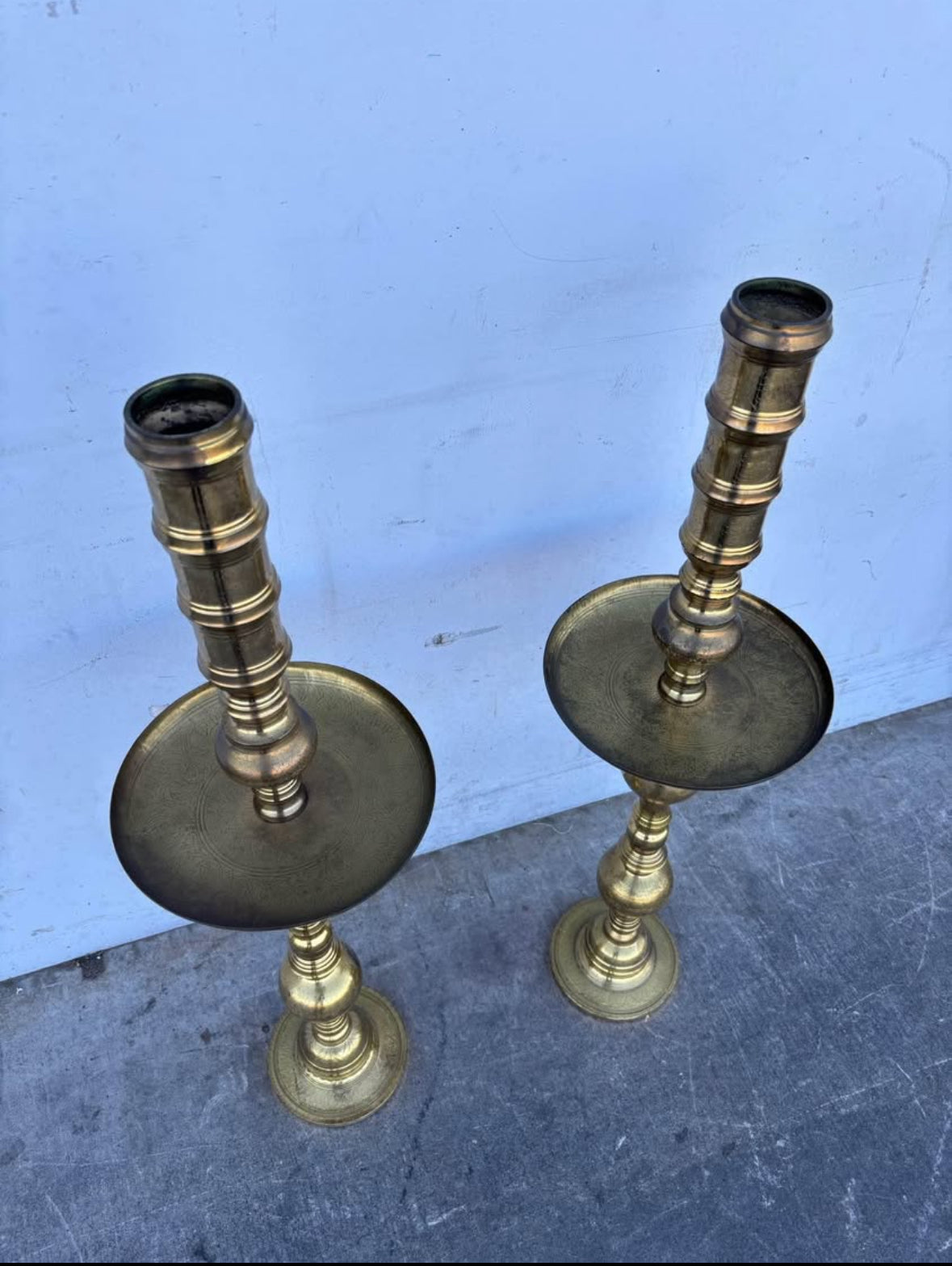 Vintage Huge Moroccan Turkish Alter Brass Floor Candle Holder Stand 39 1/2”