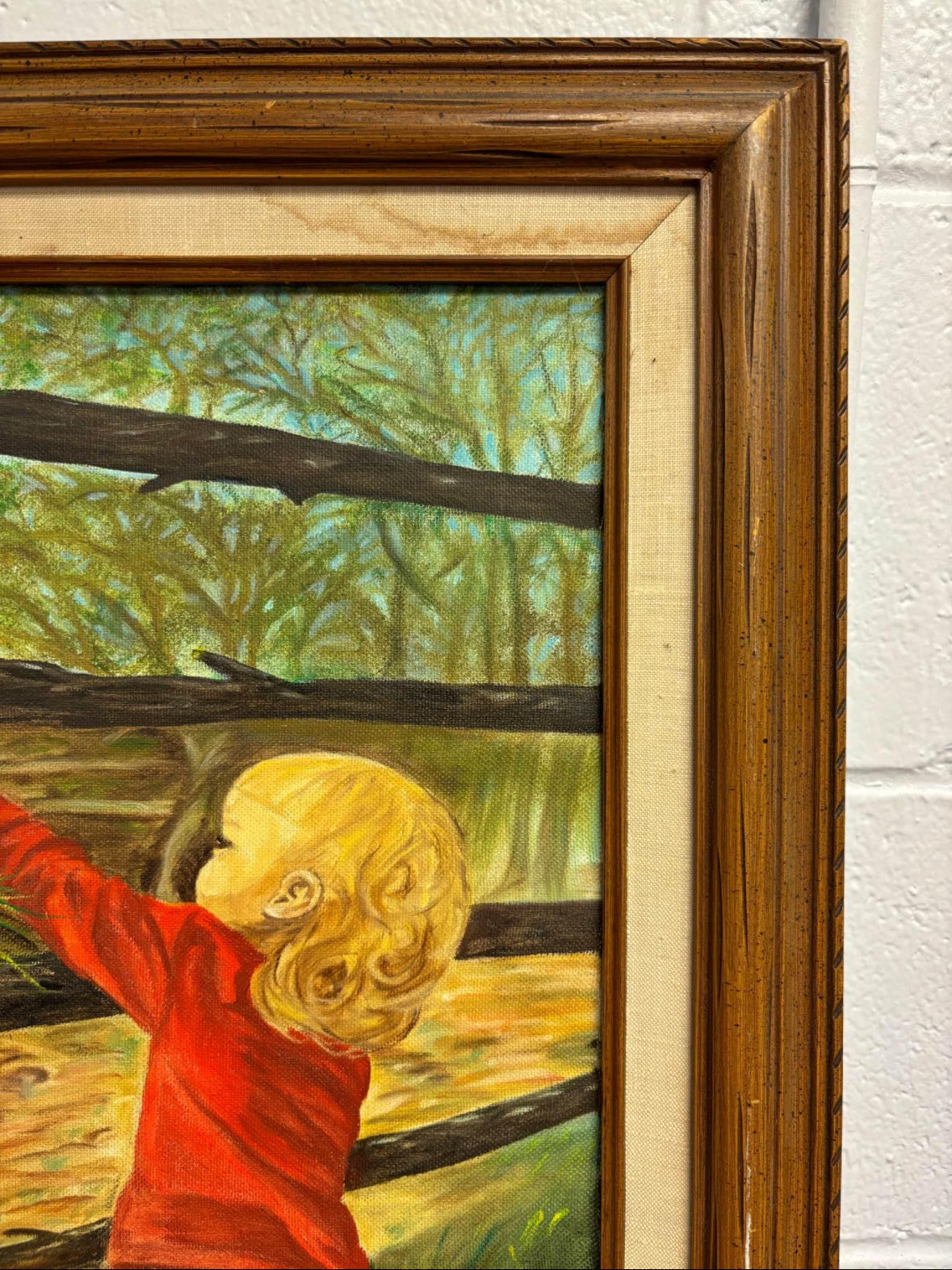 “Little Kid Feeding Cow” oil Framed Painting