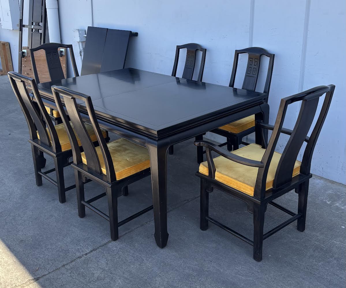 Vintage Asian Modern Black Mid Century Style Lacquer Dining Table with 6 Chairs Yellow Cushions