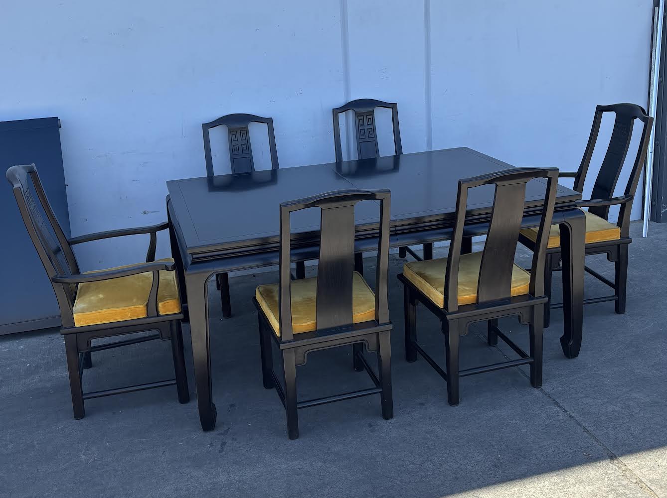 Vintage Asian Modern Black Mid Century Style Lacquer Dining Table with 6 Chairs Yellow Cushions