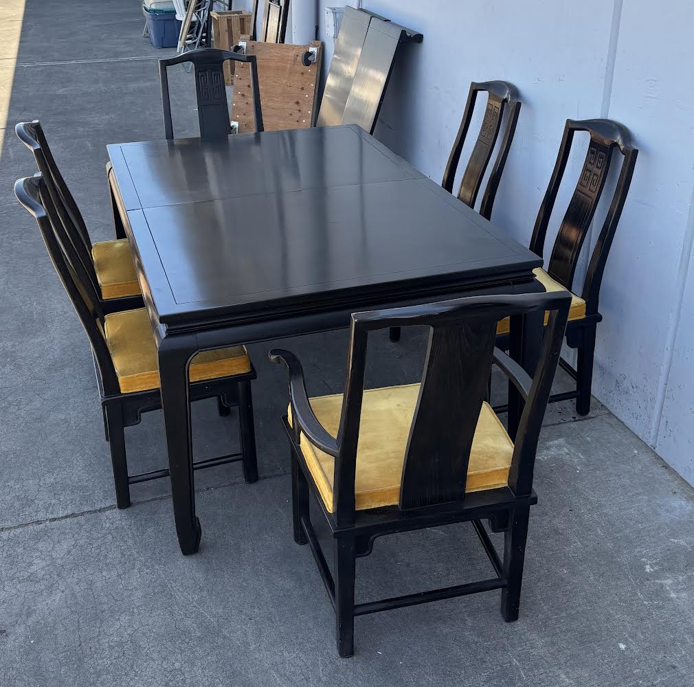Vintage Asian Modern Black Mid Century Style Lacquer Dining Table with 6 Chairs Yellow Cushions