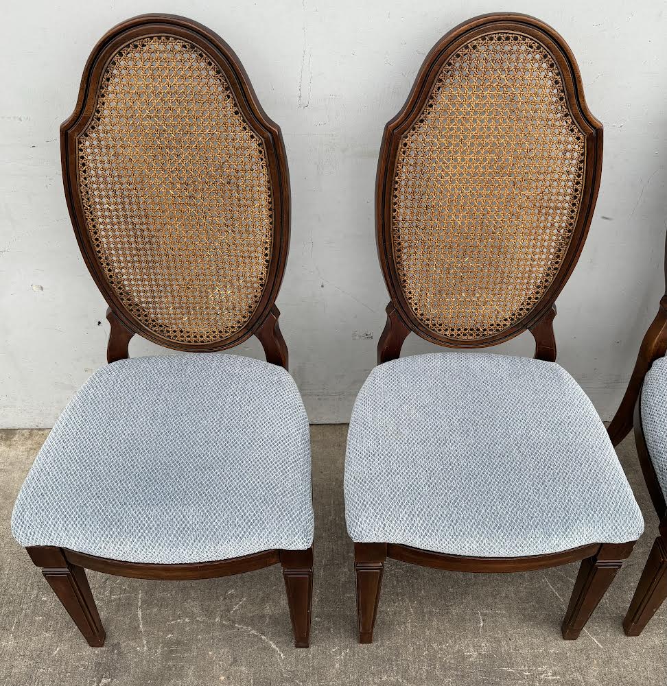 4 Matching Drexel Heritage Walnut & Cane French Provincial Louis XVI Dining Side Chairs Blue