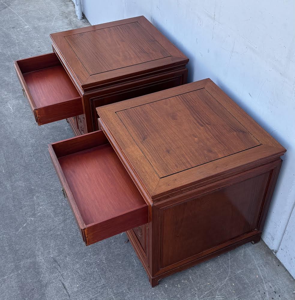 Mid 20th Century Pair Asian Rosewood Chinoiserie Nightstands