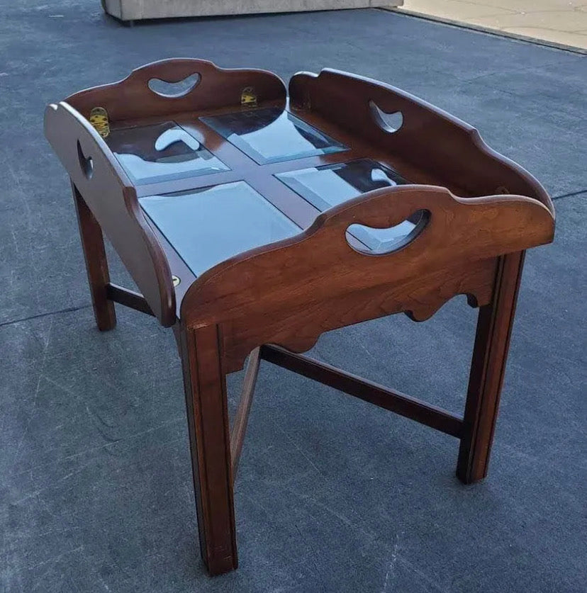 Coffee table glass top dark wood folding sides