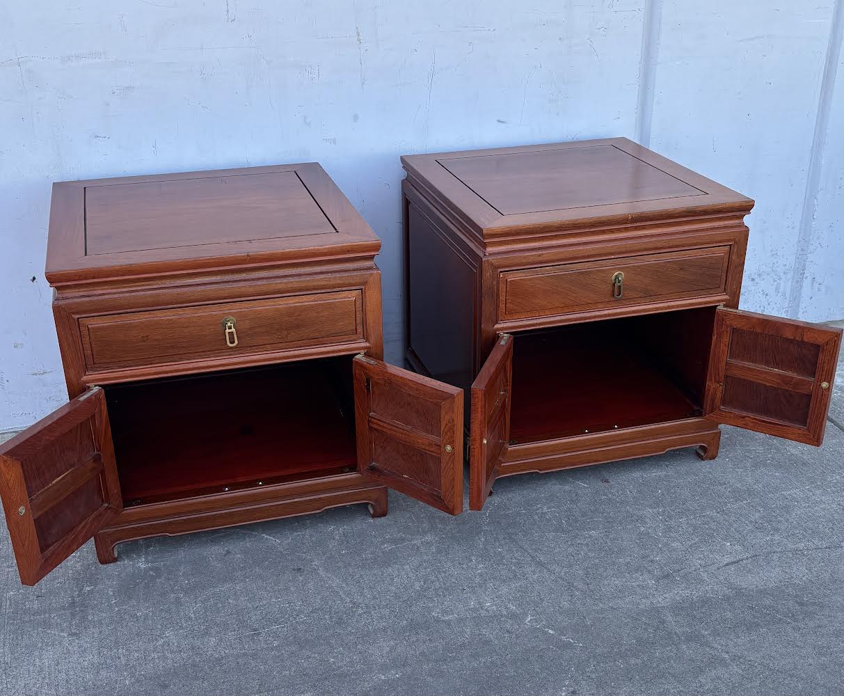 Mid 20th Century Pair Asian Rosewood Chinoiserie Nightstands