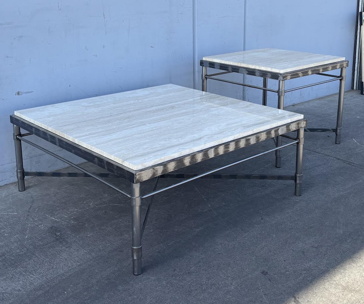 Matching Stone Top Wrought Iron Leg Side Tables Coffee Table