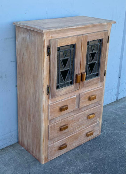 Solid Wood Smaller Hutch with Colored Glass Kitchen Dresser Organizer