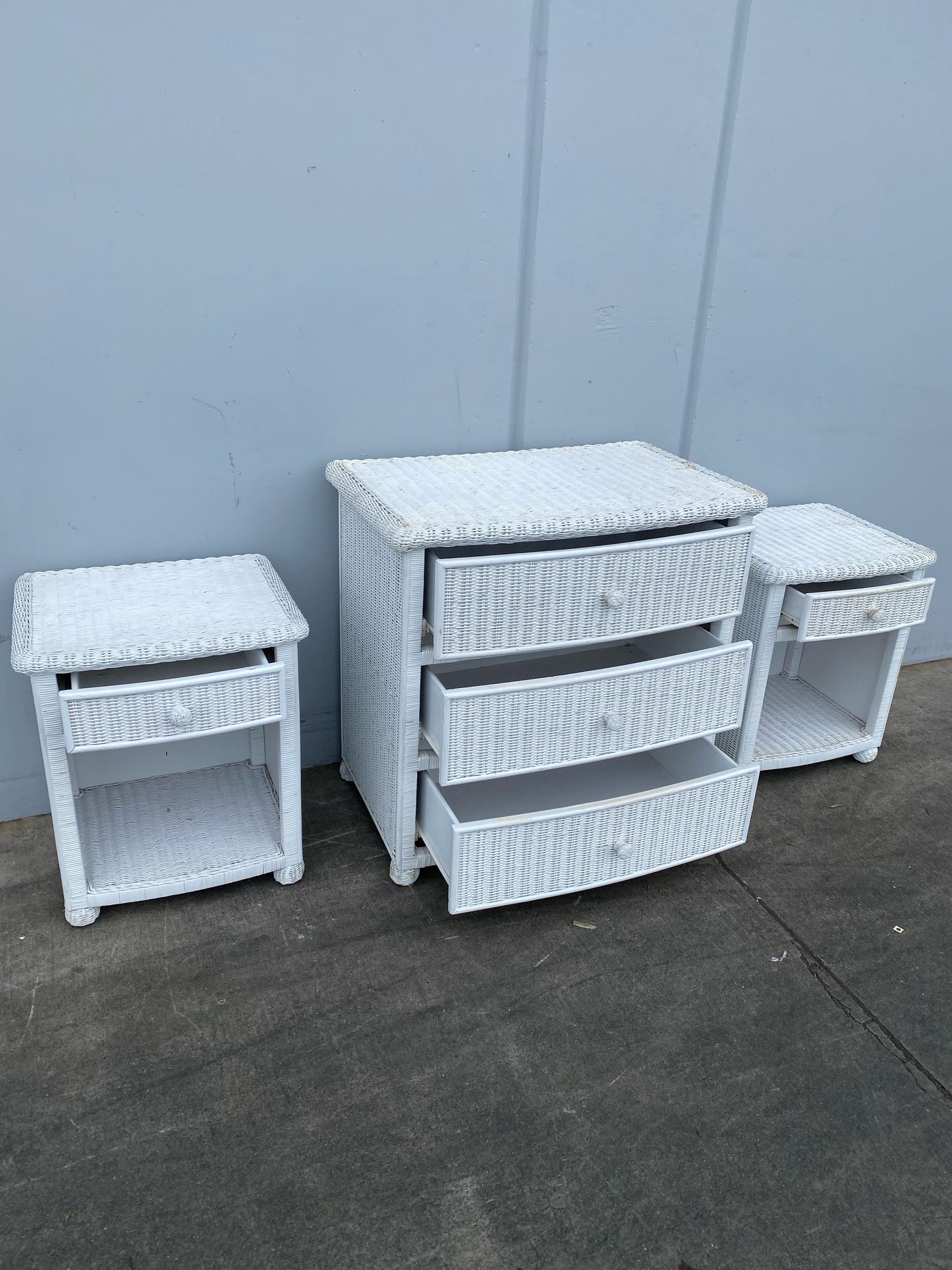 white wicker/ cane /rattan dresser with 2 nightstands end/side tables set