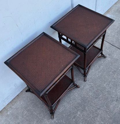 Matching Vintage Coastal Dark Brown Rattan & Cane Two-Tier End Tables
