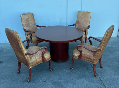 Round Cherry Table with 4 Hickory Chairs Brown Leather Queen Anne Style