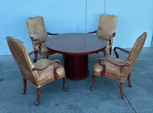 Round Cherry Table with 4 Hickory Chairs Brown Leather Queen Anne Style