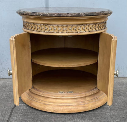 Cream Antiqued White Italian Neoclassical Tuscan Style Round Accent Storage End Table GraniteTop