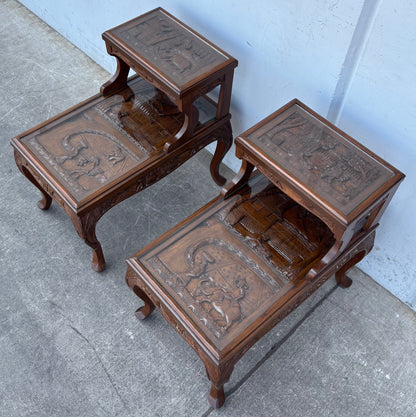 Matching Vintage Asian Carved Wooden Side Tables End Tables