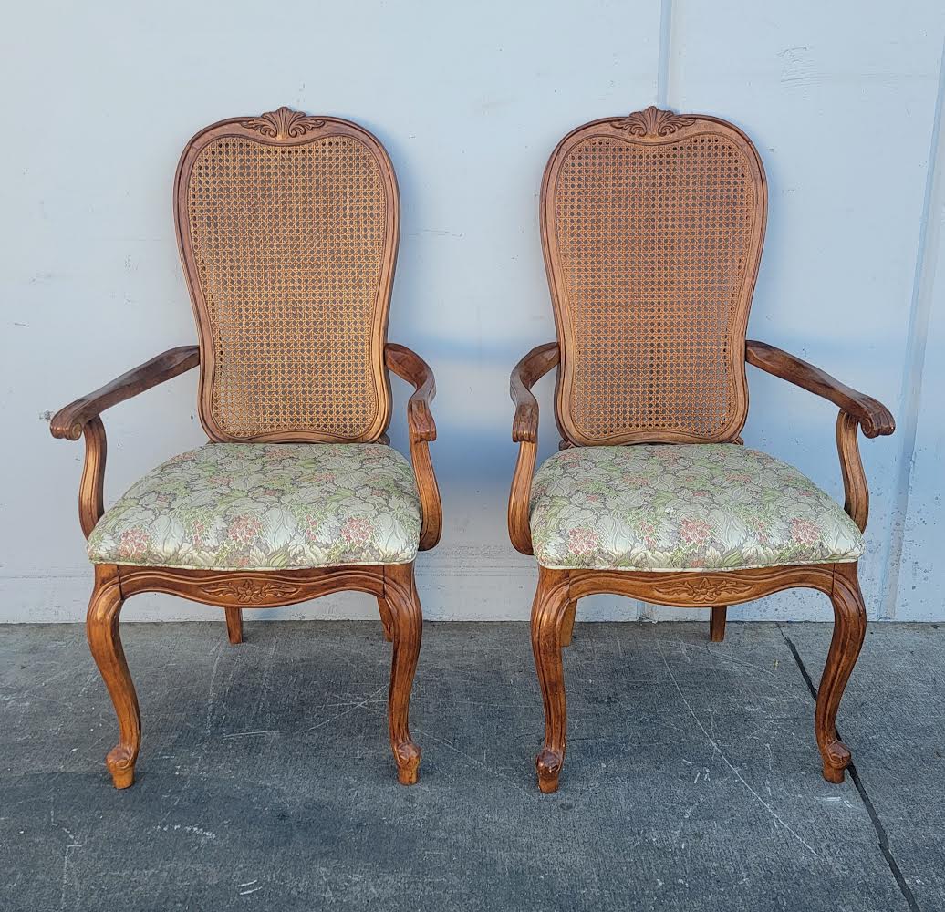 Wicker/cane high back armchairs (2) floral cushion vintage