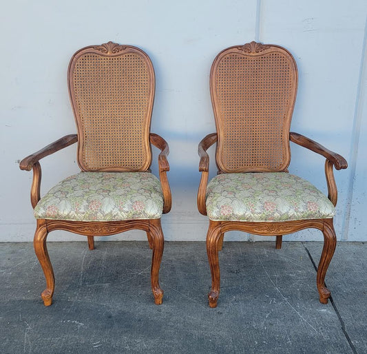 Wicker/cane high back armchairs (2) floral cushion vintage