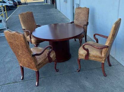 Round Cherry Table with 4 Hickory Chairs Brown Leather Queen Anne Style