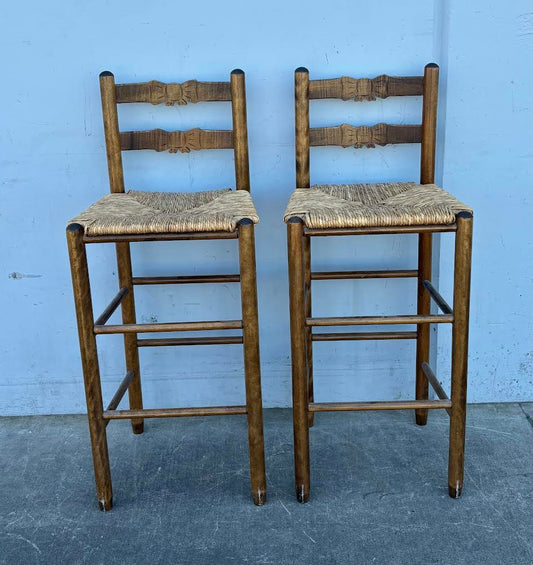 2 Vintage Bow Wooden Bar Ladder Chairs Stools