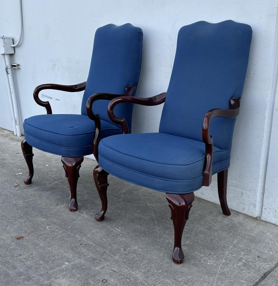 2 Navy Upholstered Gooseneck Armchairs