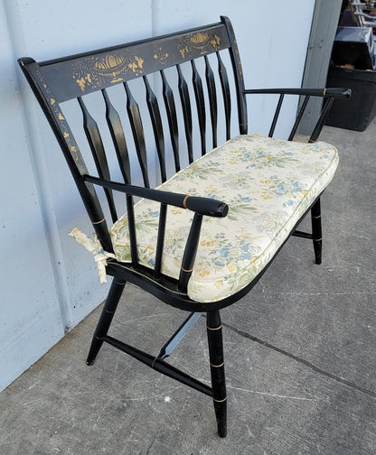 vintage settee Nichols & stone co. Black Hitchcock style bench floral cushion Stenciled Windsor
