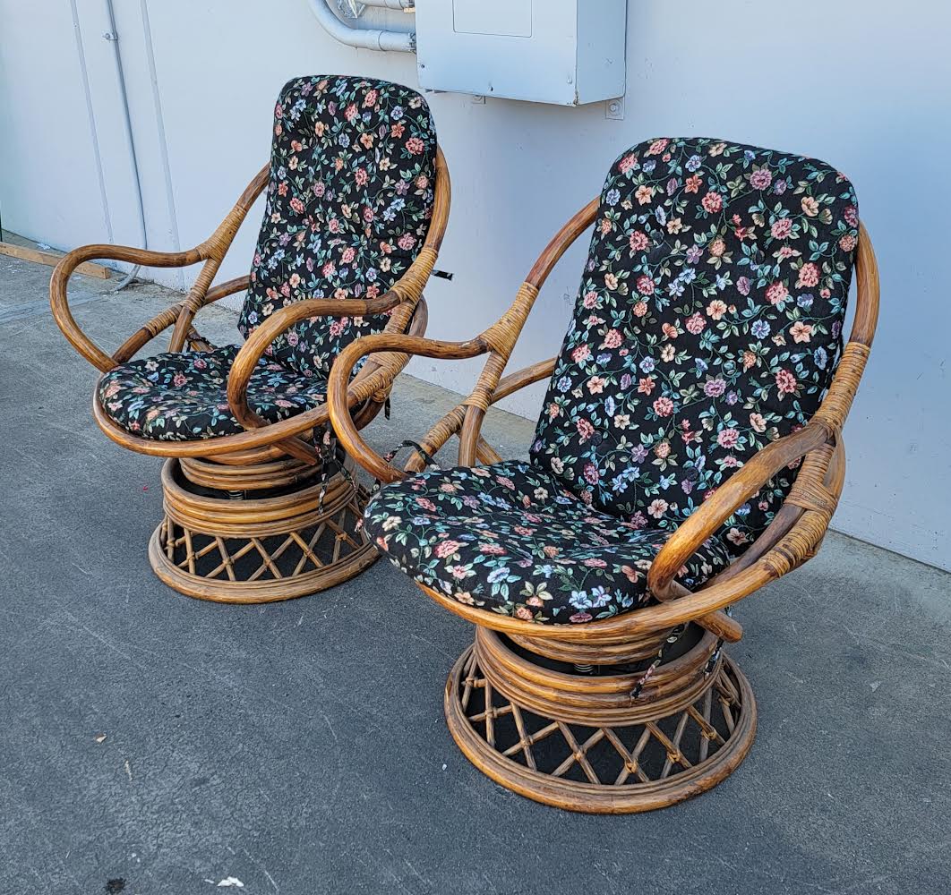 Bamboo wicker/rattan/cane black floral armchairs (2) set swivel/rocking
