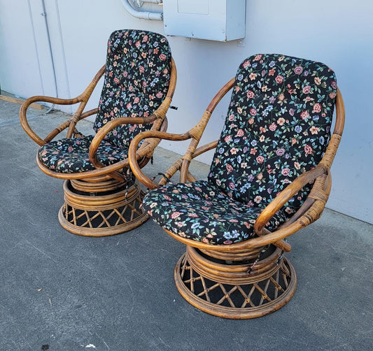 Bamboo wicker/rattan/cane black floral armchairs (2) set swivel/rocking