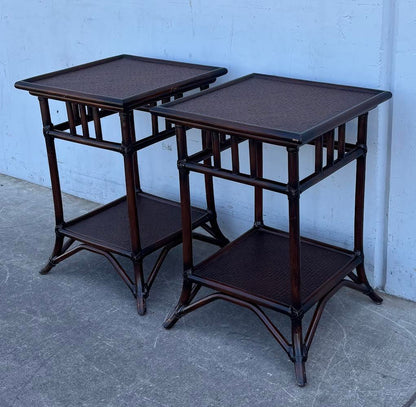 Matching Vintage Coastal Dark Brown Rattan & Cane Two-Tier End Tables