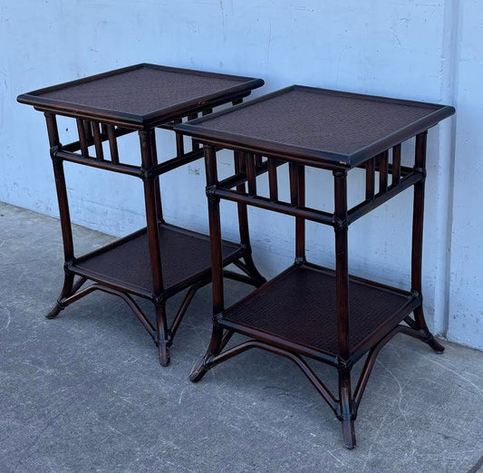 Matching Vintage Coastal Dark Brown Rattan & Cane Two-Tier End Tables