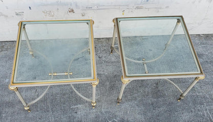 vintage/midcentury maison jansen style brass/sliver glass top end/side tables (2)
