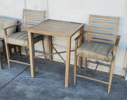 orchard patio set wood bistro/bar table with 2 chairs and end/side table with 2 armchairs