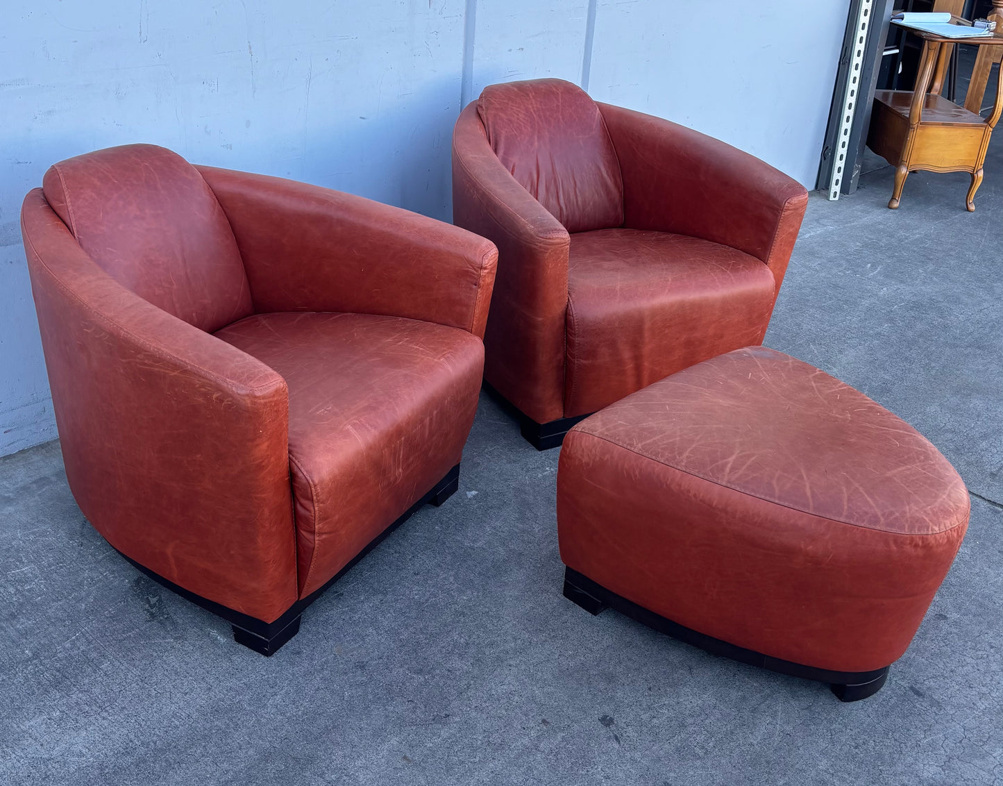 Red leather style Italian (2) club/ accent chairs and ottoman/ footrest