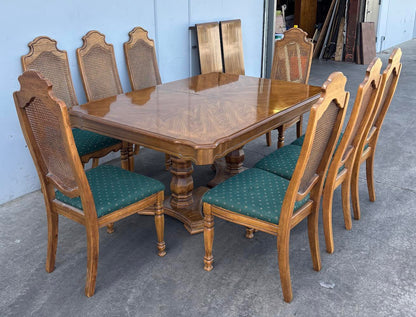 Vintage Dining Table Solid Wood With 8 Dining Chairs Cane