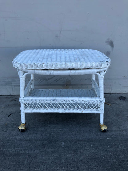 white wicker/cane/rattan  end /side table/ bar cart/serving trolley on wheels