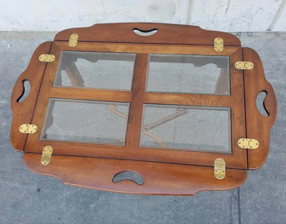 Coffee table glass top dark wood folding sides