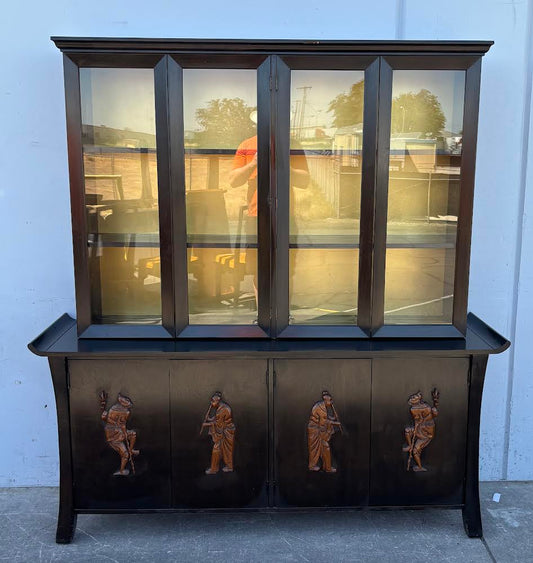 Chinoiserie Breakfront China Cabinet Mahogany Black Yellow Woodcarved