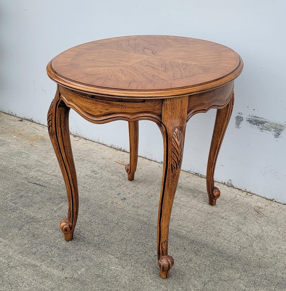 Drexel heritage round light wood accent end/side  table with pull out shelf