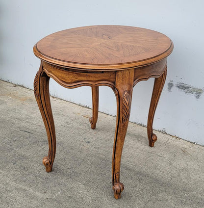 Drexel heritage round light wood accent end/side  table with pull out shelf