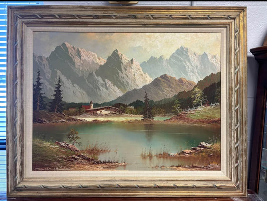 Mountains Landscape with River signed Oil Painting