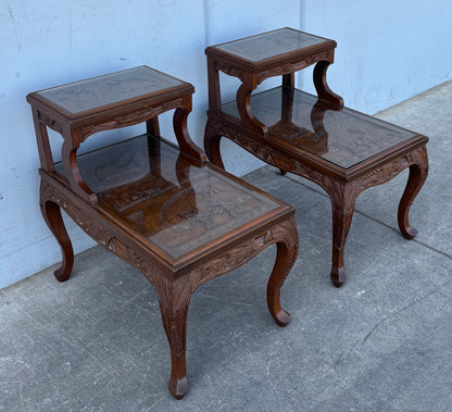Matching Vintage Asian Carved Wooden Side Tables End Tables