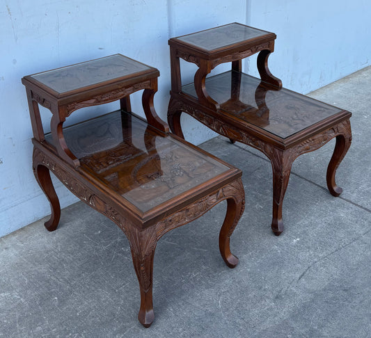 Matching Vintage Asian Carved Wooden Side Tables End Tables