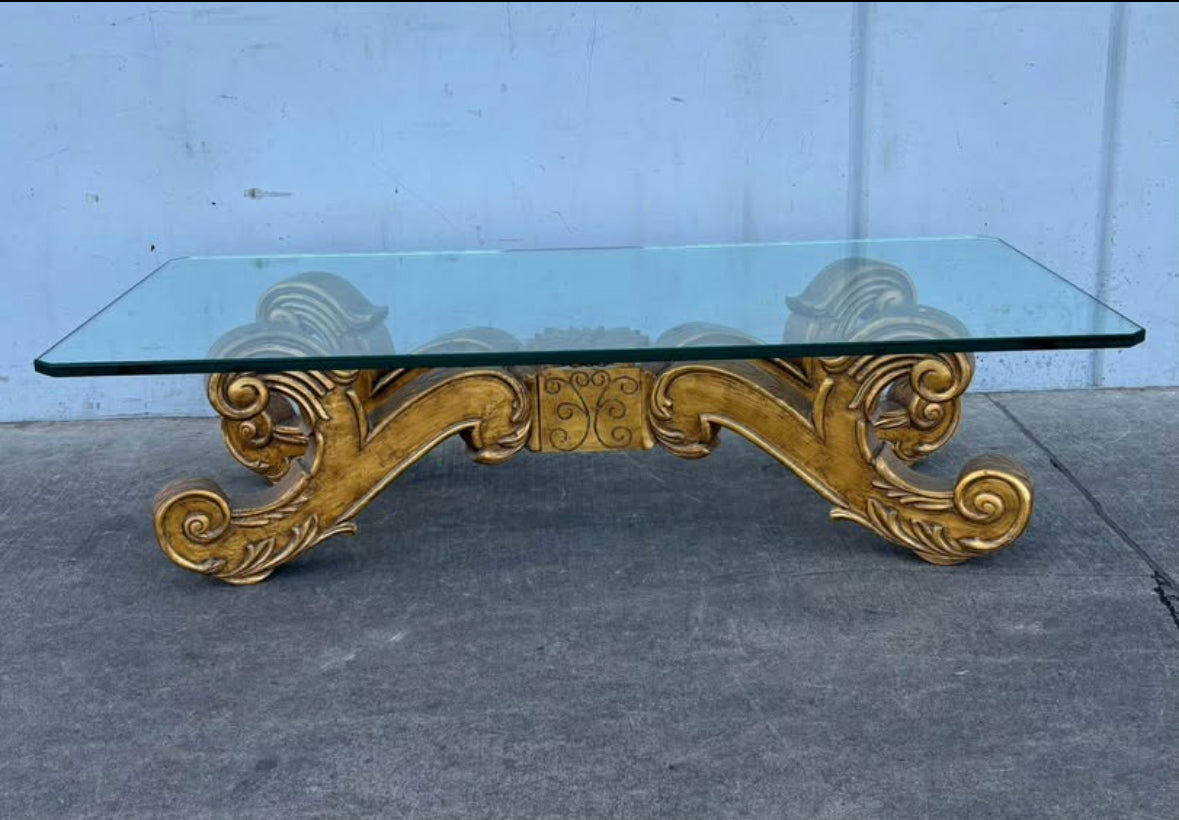 Vintage Rectangular Glass Top Coffee Table with Carved Wood Base Baroque Style